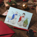 Cartes Pour Fêtes Annuelles Aquarelle Hanoukka et Christmas Snowman<br><div class="desc">This design may be personalized in the area provided by changing the Phoand/or text. Or it can be customized by choosing the click to customize further option and delete or change the color of the background, add text, change the text color style, or delete the text for an image only...</div>