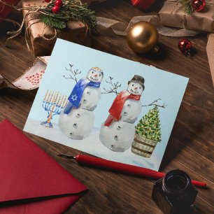 Cartes Pour Fêtes Annuelles Aquarelle Hanoukka et Christmas Snowman