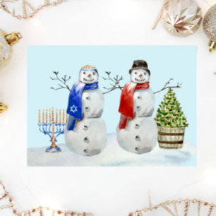 Cartes Pour Fêtes Annuelles Aquarelle Hanoukka et Christmas Snowman