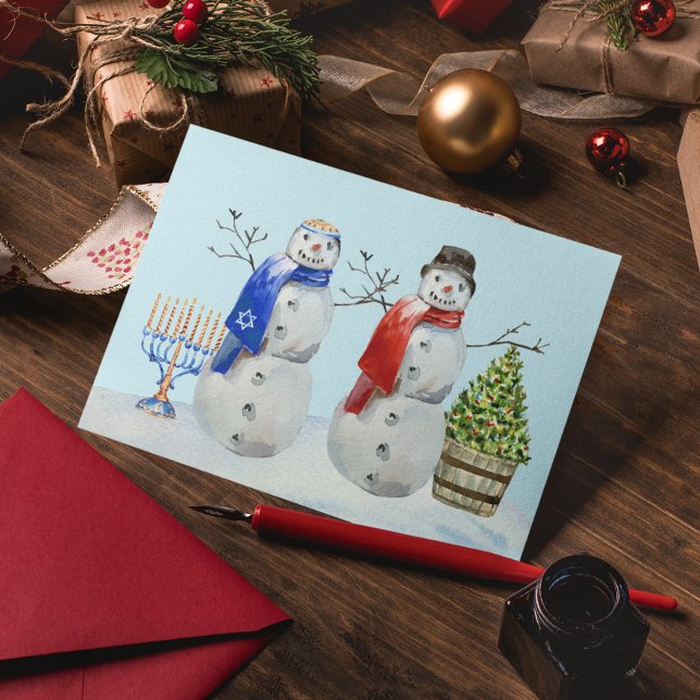 Cartes Pour Fêtes Annuelles Aquarelle Hanoukka et Christmas Snowman (Créateur téléchargé)