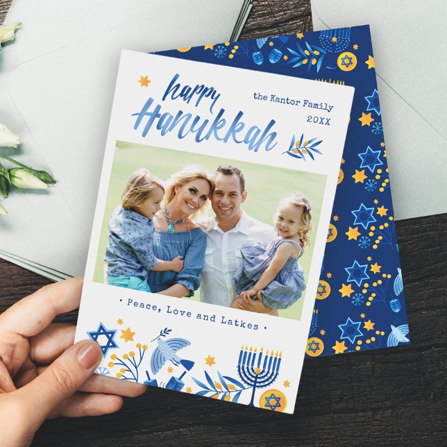Cartes Pour Fêtes Annuelles Aquarelle Happy Hanoukka Peace Love Latkes Photo (Créateur téléchargé)