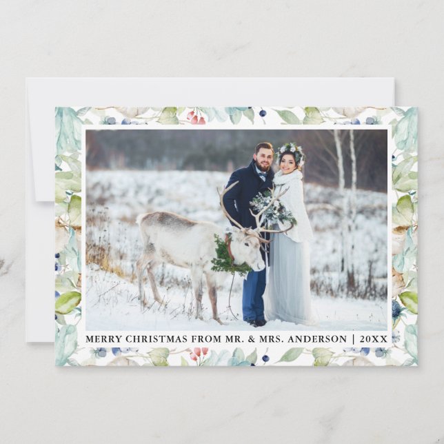 Cartes Pour Fêtes Annuelles Aquarelle Hiver Bleu Floral Mariage Noël (Devant)