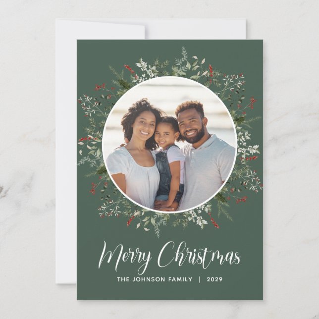 Cartes Pour Fêtes Annuelles Aquarelle Hiver Botanique Photo Vert (Devant)