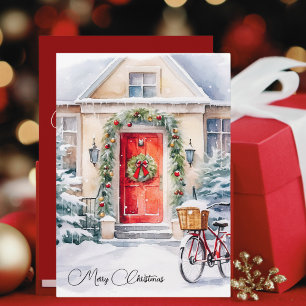 Cartes Pour Fêtes Annuelles Aquarelle hiver Cottage Porte rouge Joyeux Noël