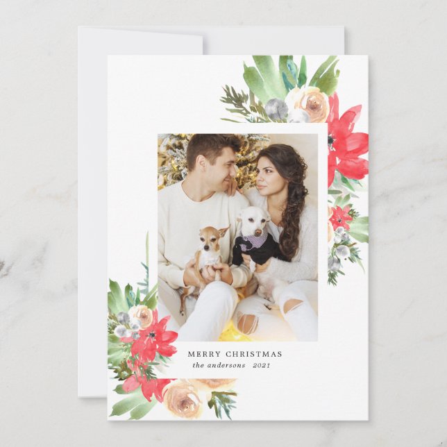 Cartes Pour Fêtes Annuelles aquarelle hiver fleurie joyeuse photo de noël (Devant)