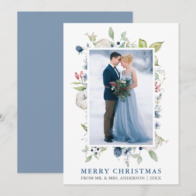 Cartes Pour Fêtes Annuelles Aquarelle Hiver Floral nouvellement marié Dusty Bl (Devant / Derrière)