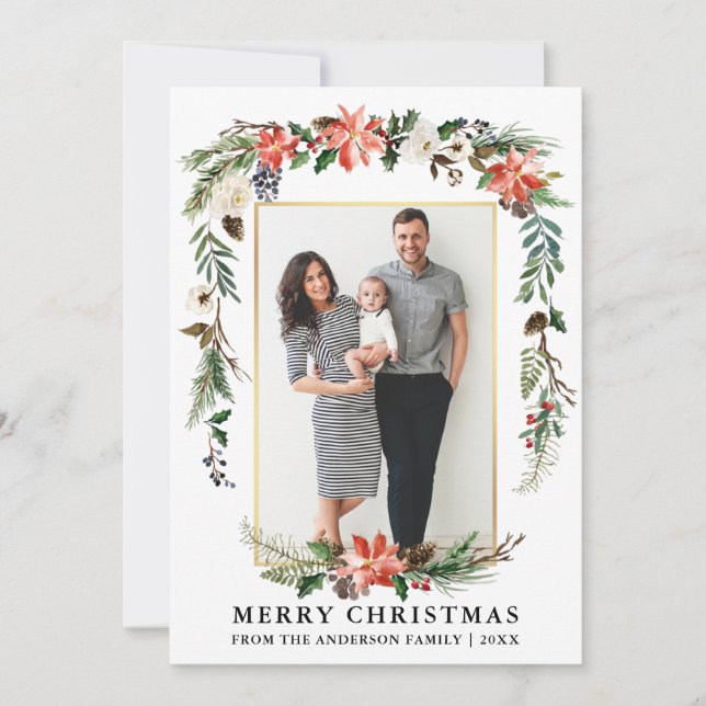 Cartes Pour Fêtes Annuelles Aquarelle Hiver Floral Photo Gold Frame (Devant)