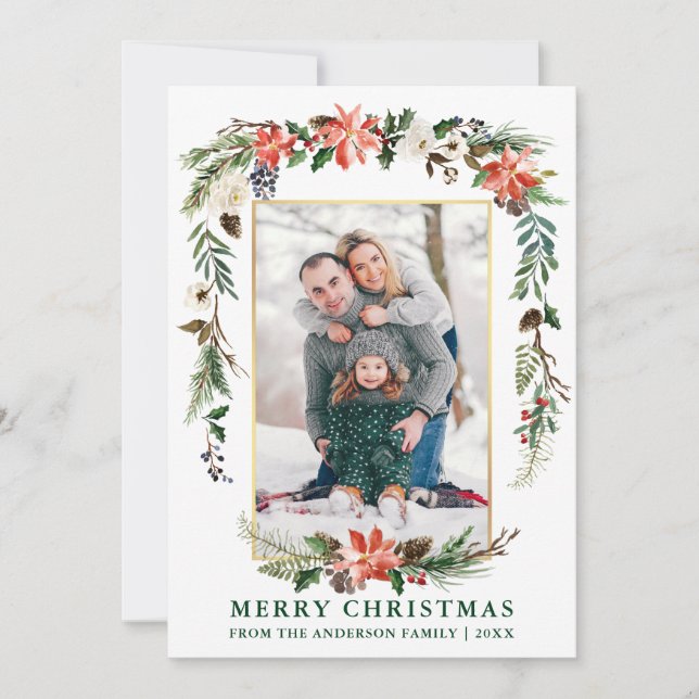 Cartes Pour Fêtes Annuelles Aquarelle Hiver Floral Photo Or Vert (Devant)