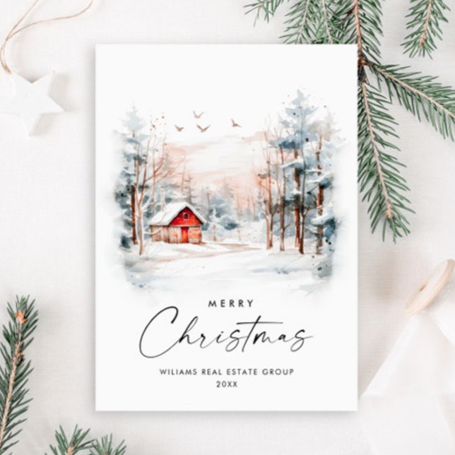 Cartes Pour Fêtes Annuelles Aquarelle hiver Paysage de Noël Entreprise (Créateur téléchargé)