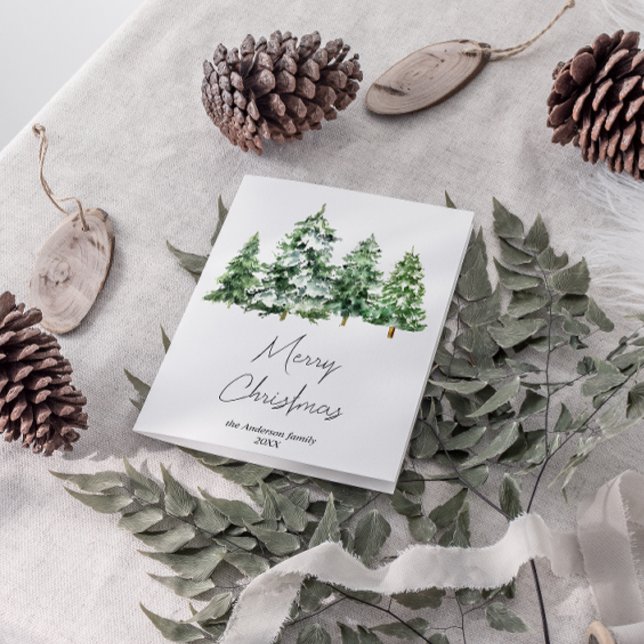 Cartes Pour Fêtes Annuelles Aquarelle Hiver Pins de Neige Joyeux Noël (Créateur téléchargé)