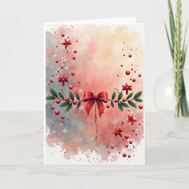 Cartes Pour Fêtes Annuelles Aquarelle Hiver Ruban Rouge (Devant)