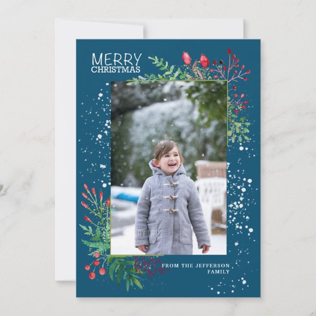 Cartes Pour Fêtes Annuelles Aquarelle Hiver Végétation Bleu Photo de Noël (Devant)