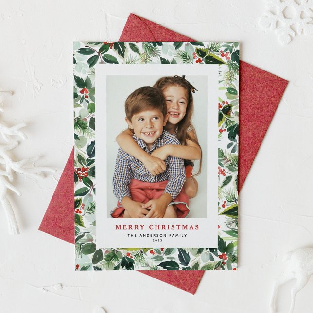 Cartes Pour Fêtes Annuelles Aquarelle hiver verdure Joyeux Noël Photo (Créateur téléchargé)