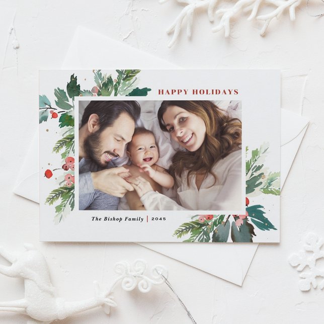 Cartes Pour Fêtes Annuelles Aquarelle Hollies Faux Gold Foil Photo botanique (Créateur téléchargé)