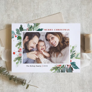 Cartes Pour Fêtes Annuelles Aquarelle Hollies Faux Gold Foil Photo de Noël