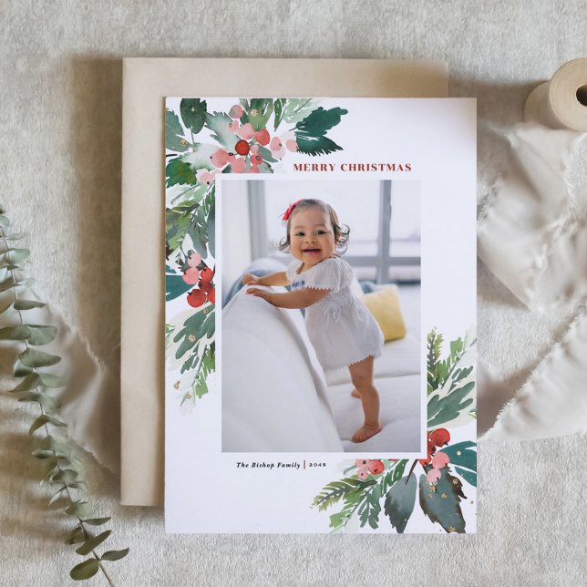 Cartes Pour Fêtes Annuelles Aquarelle Hollies Faux Gold Joyeux Noël Photo (Watercolor Holly and Winter Greenery Photo Merry Christmas Card)