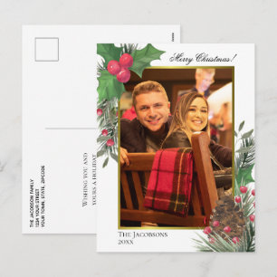 Cartes Pour Fêtes Annuelles Aquarelle Holly Berries Pine Cone & Greens Photo