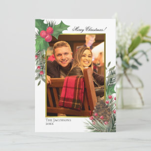 Cartes Pour Fêtes Annuelles Aquarelle Holly Berries Pine & Green Photo