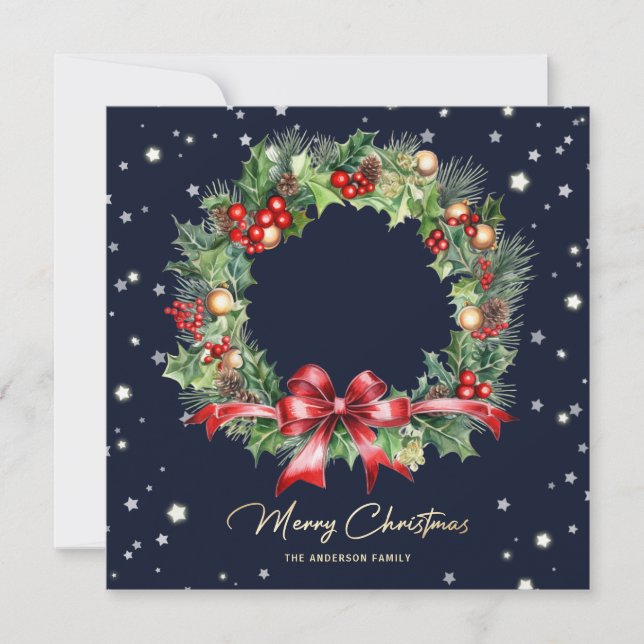 Cartes Pour Fêtes Annuelles Aquarelle Holly Berries Pine Wreath Blue Photo (Devant)