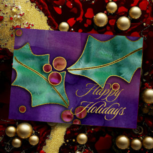 Cartes Pour Fêtes Annuelles Aquarelle Holly Berries Purple Vert Rouge Vacances