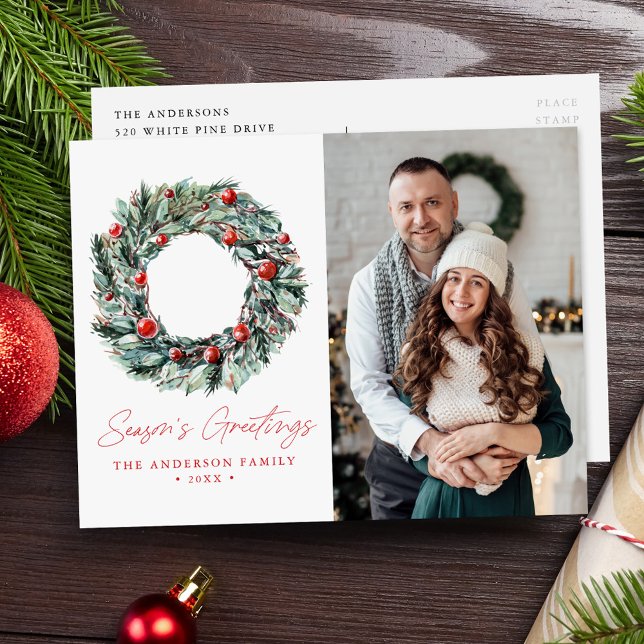 Cartes Pour Fêtes Annuelles Aquarelle Holly Berry & Green Wreath 2 Photo (Créateur téléchargé)