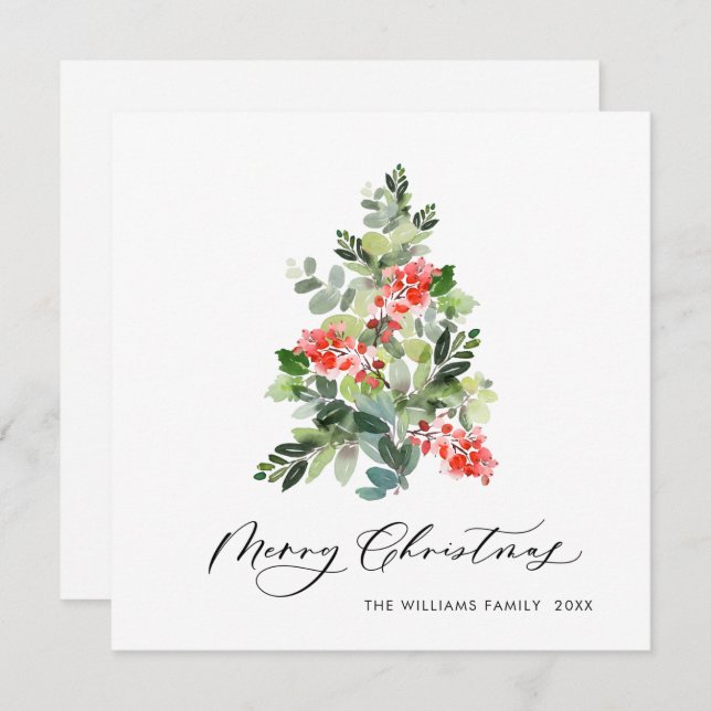 Cartes Pour Fêtes Annuelles Aquarelle Holly Berry Noël Arbre Salutation (Devant / Derrière)