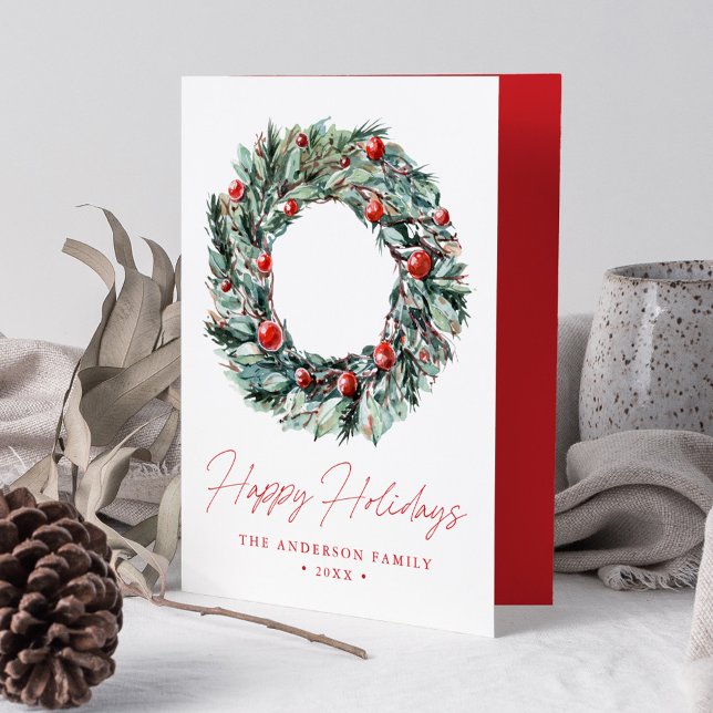 Cartes Pour Fêtes Annuelles Aquarelle Holly Berry & Verdure Wreath Non Photo (Créateur téléchargé)