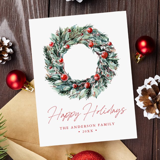 Cartes Pour Fêtes Annuelles Aquarelle Holly Berry & Verdure Wreath Non Photo (Créateur téléchargé)