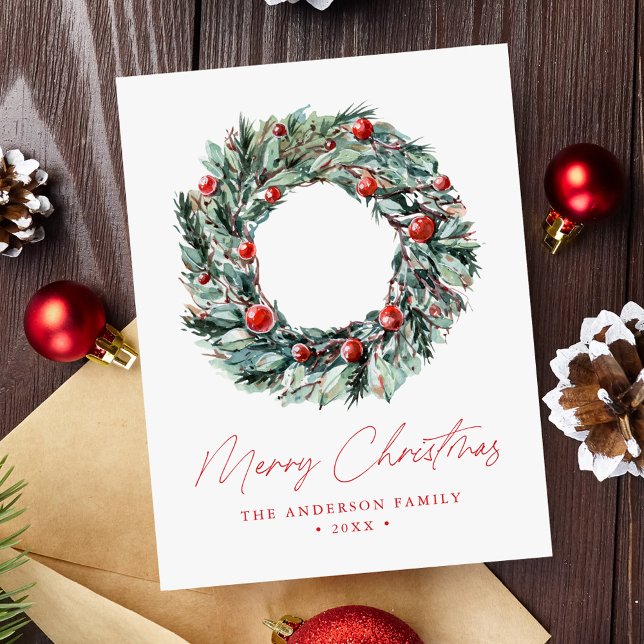 Cartes Pour Fêtes Annuelles Aquarelle Holly Berry & Verdure Wreath Non Photo (Créateur téléchargé)