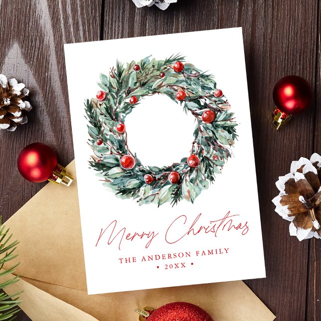 Cartes Pour Fêtes Annuelles Aquarelle Holly Berry & Verdure Wreath Non Photo (Créateur téléchargé)