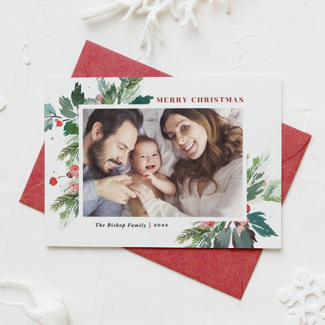 Cartes Pour Fêtes Annuelles Aquarelle Holly Botanique Joyeux Noël Photo (Créateur téléchargé)