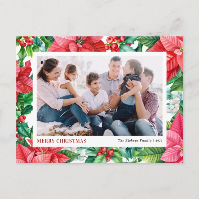 Cartes Pour Fêtes Annuelles Aquarelle Holly et Poinsettia Photo Noël (Devant)