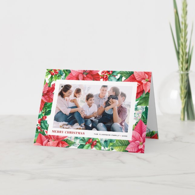 Cartes Pour Fêtes Annuelles Aquarelle Holly et Poinsettia Photo Noël (Devant)