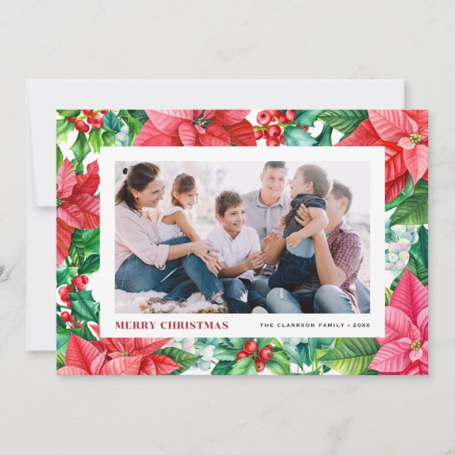 Cartes Pour Fêtes Annuelles Aquarelle Holly et Poinsettia Photo Noël (Devant)