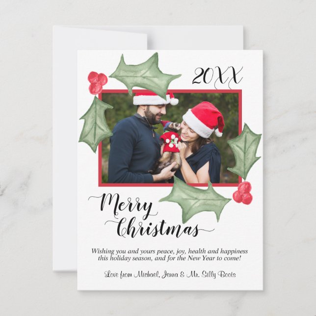 Cartes Pour Fêtes Annuelles Aquarelle Holly Feuilles avec photo Joyeux Noël (Devant)