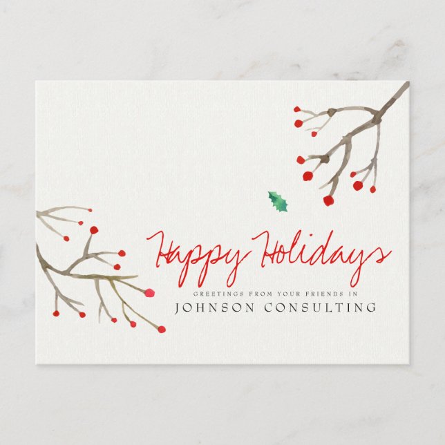 Cartes Pour Fêtes Annuelles Aquarelle Holly Foliage | Salutations (Devant)