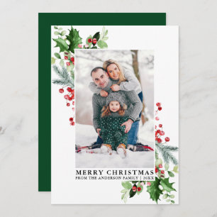 Cartes Pour Fêtes Annuelles Aquarelle Holly Green Family Photo