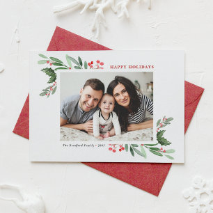 Cartes Pour Fêtes Annuelles Aquarelle Holly Green Photo Joyeux Vacances