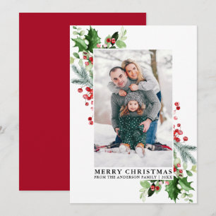 Cartes Pour Fêtes Annuelles Aquarelle Holly Greenery Famille Photo Rouge