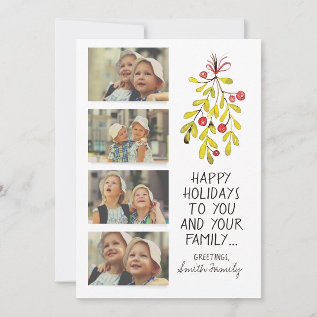 Cartes Pour Fêtes Annuelles Aquarelle Holly Happy Holiday Photo Salutations (Devant)