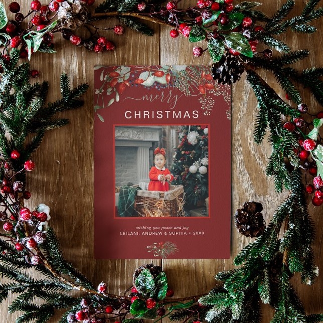 Cartes Pour Fêtes Annuelles Aquarelle Holly Joyeux Noël Photo Bourgogne (You will love these beautiful Christmas cards! They feature botanical watercolor pine and berries.)