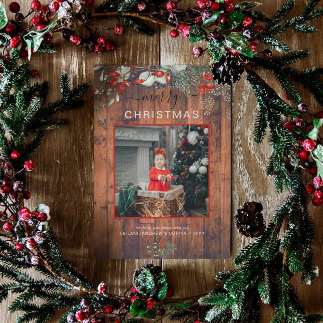 Cartes Pour Fêtes Annuelles Aquarelle Holly Joyeux Noël Photo Cherry Wood (You will love these beautiful Christmas cards! They feature botanical watercolor pine and berries.)