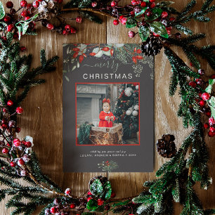 Cartes Pour Fêtes Annuelles Aquarelle Holly Joyeux Noël Photo gris foncé