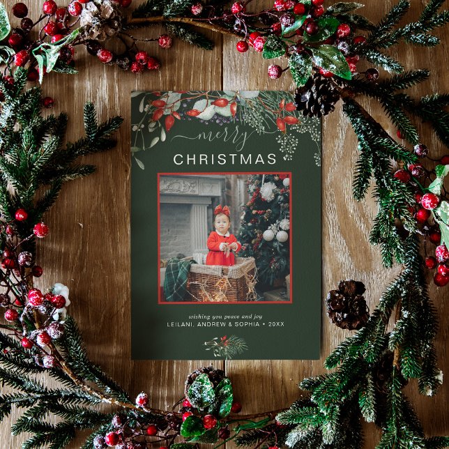 Cartes Pour Fêtes Annuelles Aquarelle Holly Joyeux Noël Photo Vert (You will love these beautiful Christmas cards! They feature botanical watercolor pine and berries.)