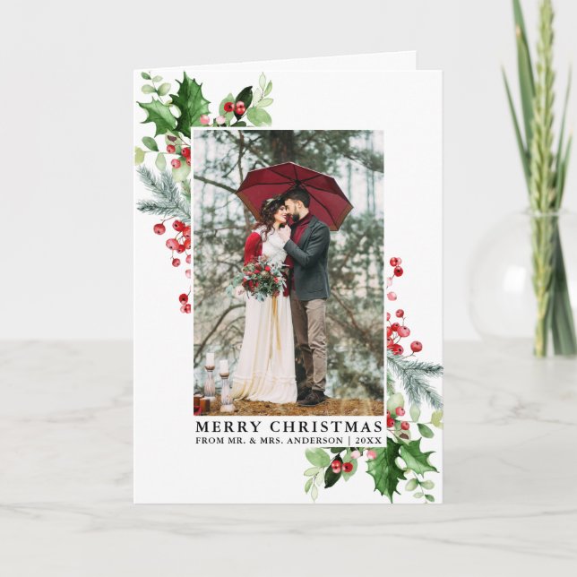 Cartes Pour Fêtes Annuelles Aquarelle Holly Noël Vert Mariage Plier (Devant)