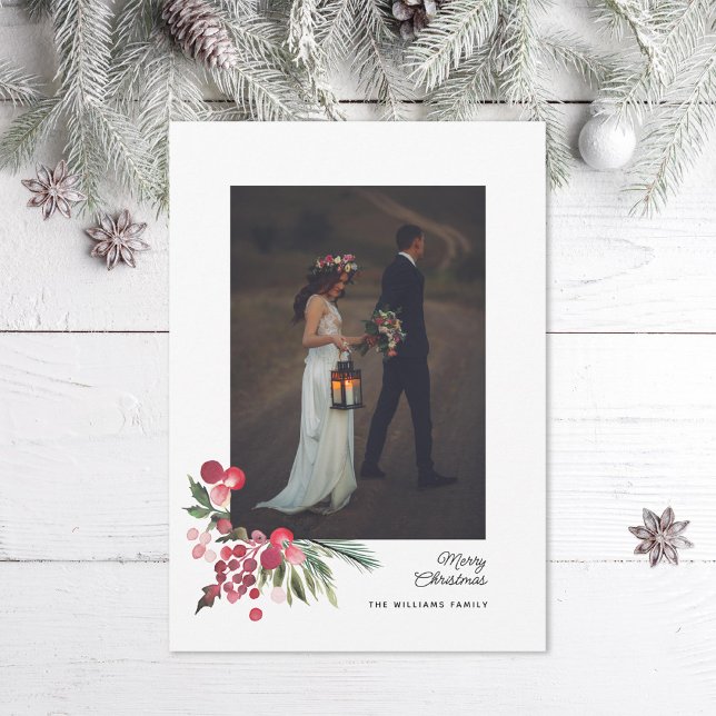 Cartes Pour Fêtes Annuelles Aquarelle Holly Pine Élégante Photo de Noël (Créateur téléchargé)