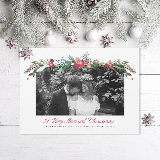 Cartes Pour Fêtes Annuelles Aquarelle Holly Pine photo de mariage élégant (Créateur téléchargé)