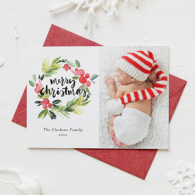 Cartes Pour Fêtes Annuelles Aquarelle Holly Wreath Joyeux Noël Photo (Créateur téléchargé)