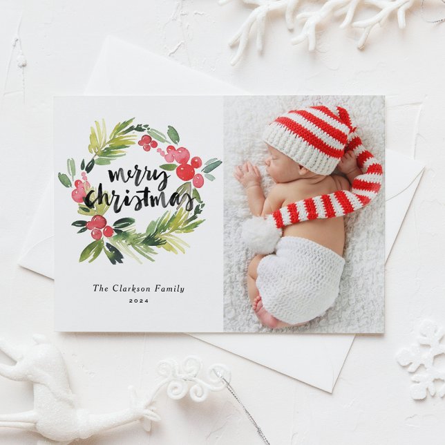 Cartes Pour Fêtes Annuelles Aquarelle Holly Wreath Joyeux Noël Photo (Créateur téléchargé)