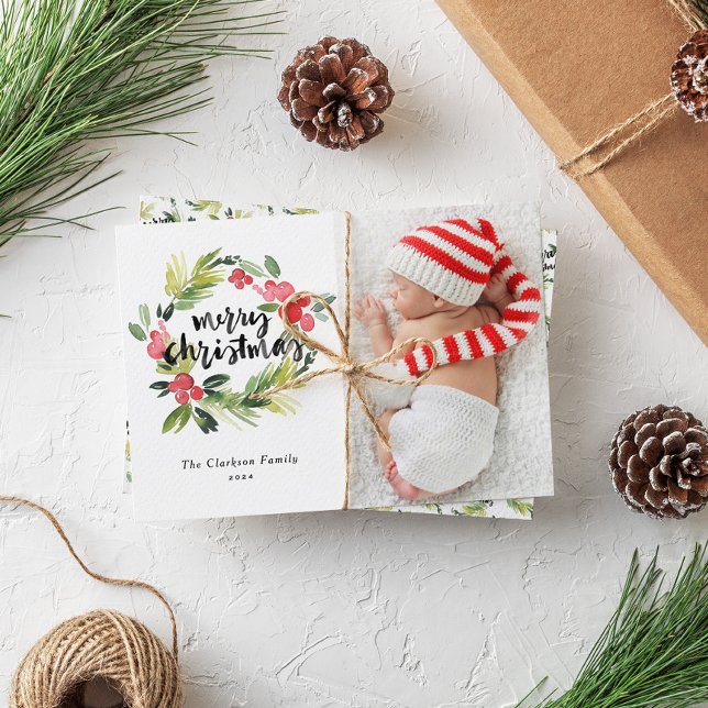 Cartes Pour Fêtes Annuelles Aquarelle Holly Wreath Joyeux Noël Photo (Créateur téléchargé)